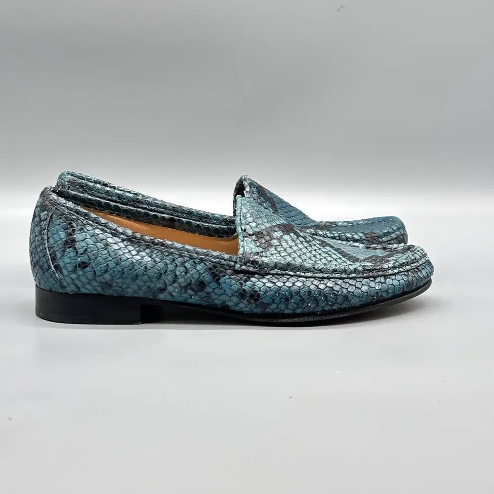 Ann Mashburn Shoes Womens 5 Blue Leather Snake Print Loafers Slip On Classic